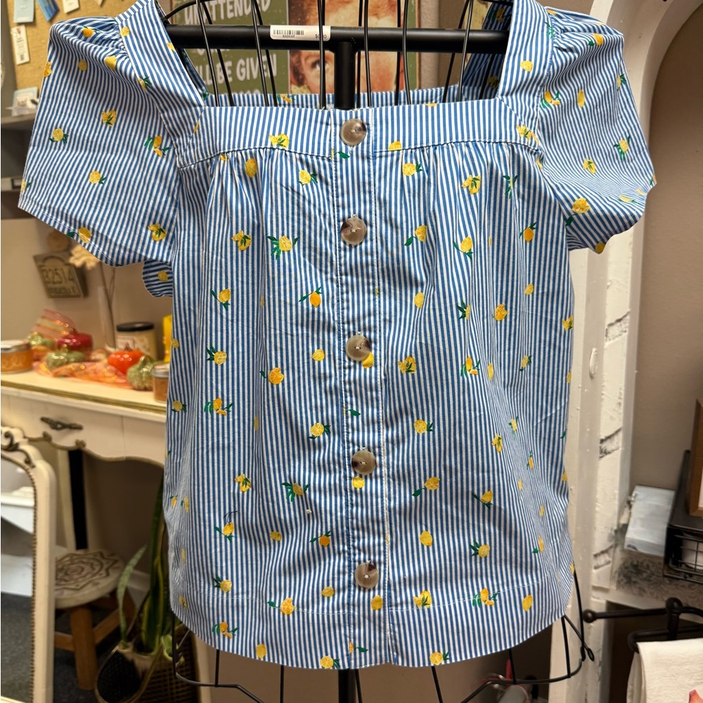 J. Crew Blue Blouse with Yellow Lemons, short sleeve, size M
